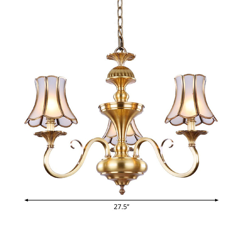 3/5/6 Lights Chandelier Light Traditional Bedroom Ceiling Lamp with Flared Frosted Glass Shade in Polished Brass Clearhalo 'Ceiling Lights' 'Chandeliers' 'Glass shade' 'Glass' Lighting' 1963640