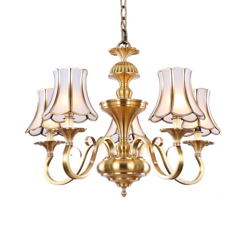 3/5/6 Lights Chandelier Light Traditional Bedroom Ceiling Lamp with Flared Frosted Glass Shade in Polished Brass 5 Brass Clearhalo 'Ceiling Lights' 'Chandeliers' 'Glass shade' 'Glass' Lighting' 1963641