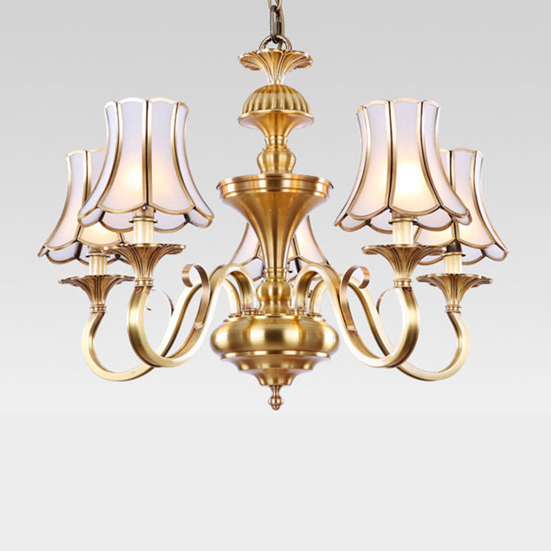 3/5/6 Lights Chandelier Light Traditional Bedroom Ceiling Lamp with Flared Frosted Glass Shade in Polished Brass Clearhalo 'Ceiling Lights' 'Chandeliers' 'Glass shade' 'Glass' Lighting' 1963642