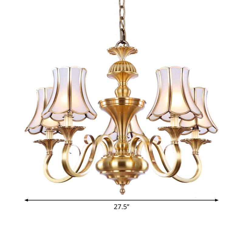 3/5/6 Lights Chandelier Light Traditional Bedroom Ceiling Lamp with Flared Frosted Glass Shade in Polished Brass Clearhalo 'Ceiling Lights' 'Chandeliers' 'Glass shade' 'Glass' Lighting' 1963643