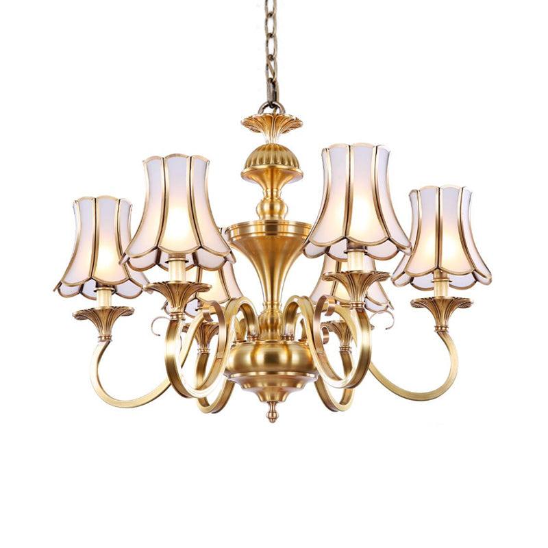 3/5/6 Lights Chandelier Light Traditional Bedroom Ceiling Lamp with Flared Frosted Glass Shade in Polished Brass 6 Brass Clearhalo 'Ceiling Lights' 'Chandeliers' 'Glass shade' 'Glass' Lighting' 1963644