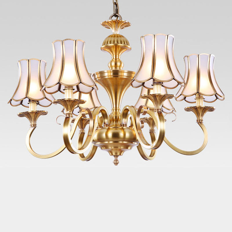 3/5/6 Lights Chandelier Light Traditional Bedroom Ceiling Lamp with Flared Frosted Glass Shade in Polished Brass Clearhalo 'Ceiling Lights' 'Chandeliers' 'Glass shade' 'Glass' Lighting' 1963645