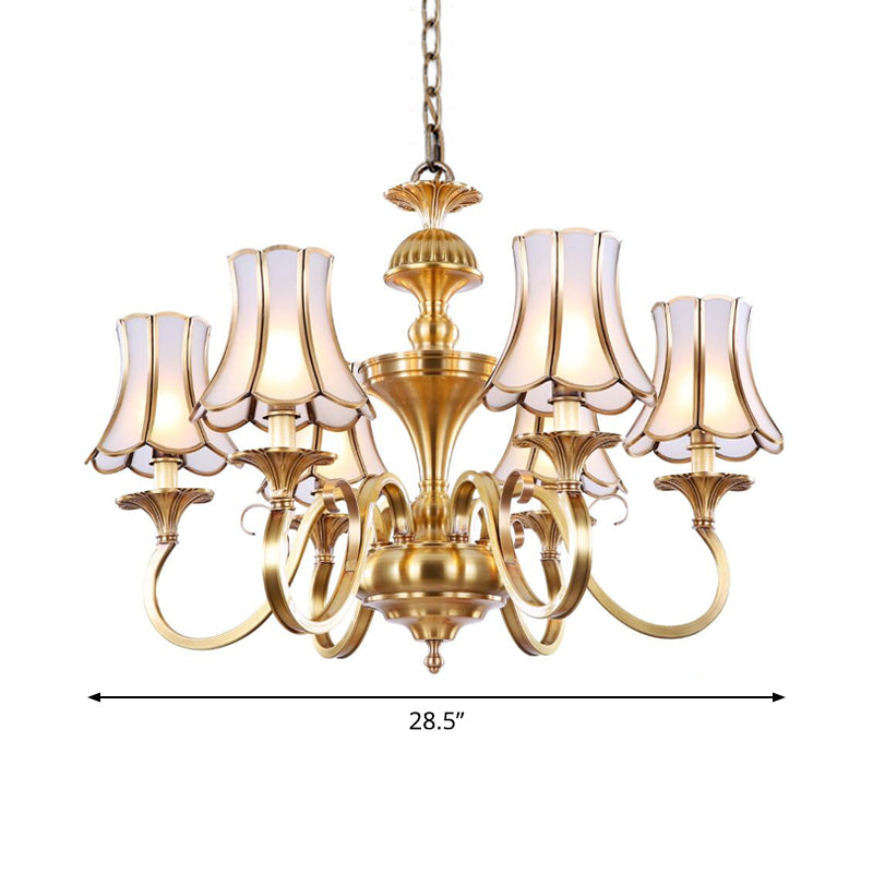 3/5/6 Lights Chandelier Light Traditional Bedroom Ceiling Lamp with Flared Frosted Glass Shade in Polished Brass Clearhalo 'Ceiling Lights' 'Chandeliers' 'Glass shade' 'Glass' Lighting' 1963646