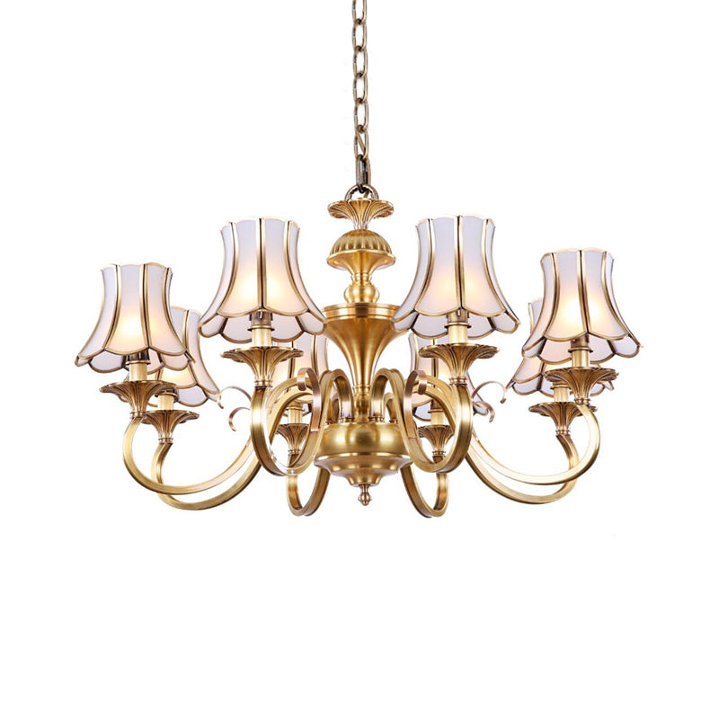 3/5/6 Lights Chandelier Light Traditional Bedroom Ceiling Lamp with Flared Frosted Glass Shade in Polished Brass 8 Brass Clearhalo 'Ceiling Lights' 'Chandeliers' 'Glass shade' 'Glass' Lighting' 1963647