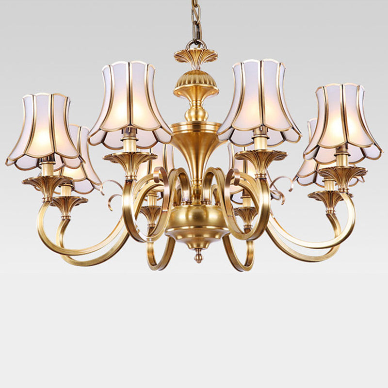 3/5/6 Lights Chandelier Light Traditional Bedroom Ceiling Lamp with Flared Frosted Glass Shade in Polished Brass Clearhalo 'Ceiling Lights' 'Chandeliers' 'Glass shade' 'Glass' Lighting' 1963648