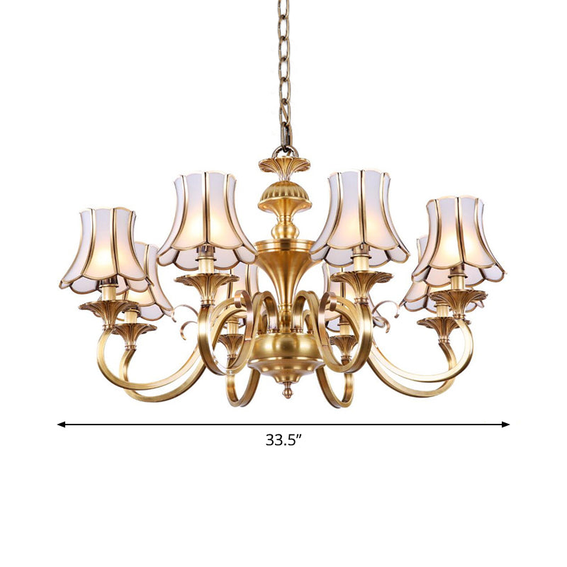 3/5/6 Lights Chandelier Light Traditional Bedroom Ceiling Lamp with Flared Frosted Glass Shade in Polished Brass Clearhalo 'Ceiling Lights' 'Chandeliers' 'Glass shade' 'Glass' Lighting' 1963649