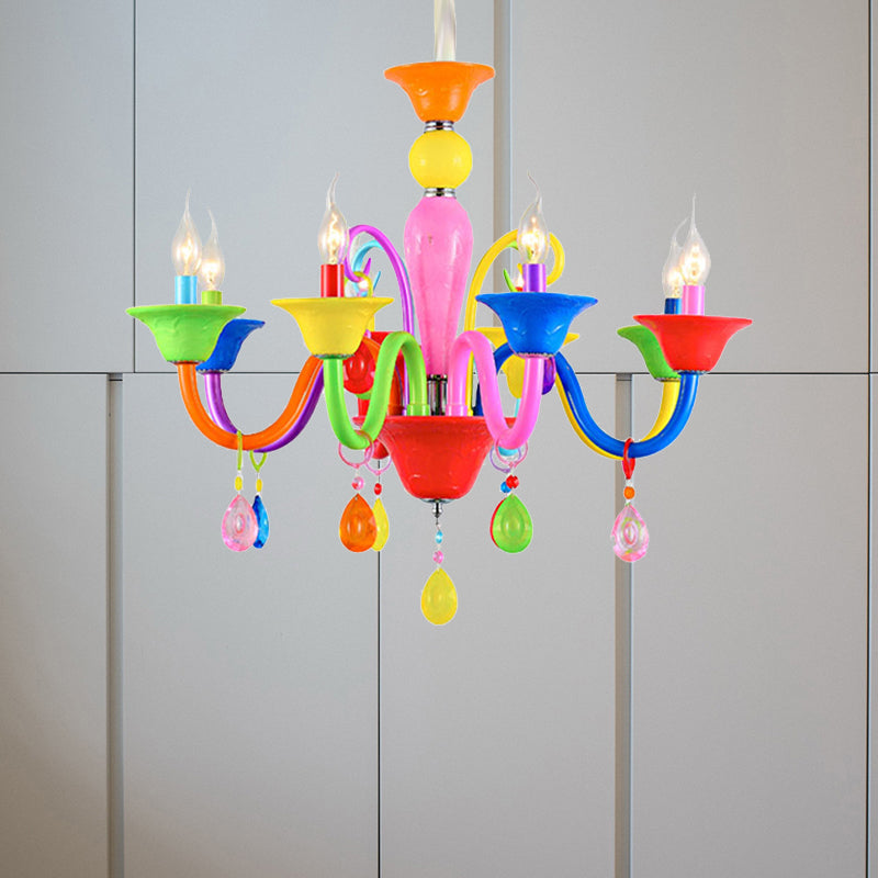Kids Candle Suspension Light with Teardrop Crystal Metallic Multi-Colored Chandelier for Game Room 8 Pink-Blue-Yellow-Red-Green Clearhalo 'Ceiling Lights' 'Chandeliers' Lighting' options 196364_61d52599-63ed-4b3b-aff7-2a825252f09b