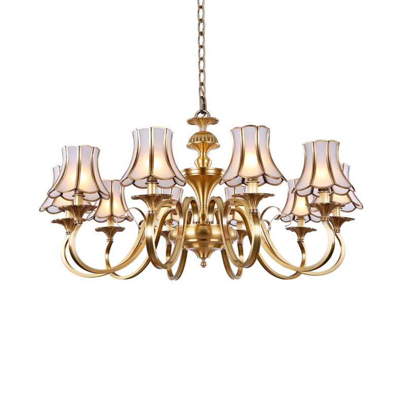 3/5/6 Lights Chandelier Light Traditional Bedroom Ceiling Lamp with Flared Frosted Glass Shade in Polished Brass 10 Brass Clearhalo 'Ceiling Lights' 'Chandeliers' 'Glass shade' 'Glass' Lighting' 1963650