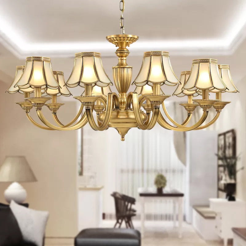 6/8/10 Lights Frosted Glass Panel Chandelier Lighting Colonial Polished Brass Flared Bedroom Pendant Lamp 10 Brass Clearhalo 'Ceiling Lights' 'Chandeliers' 'Glass shade' 'Glass' 'Pendant Lights' Lighting' 1963652