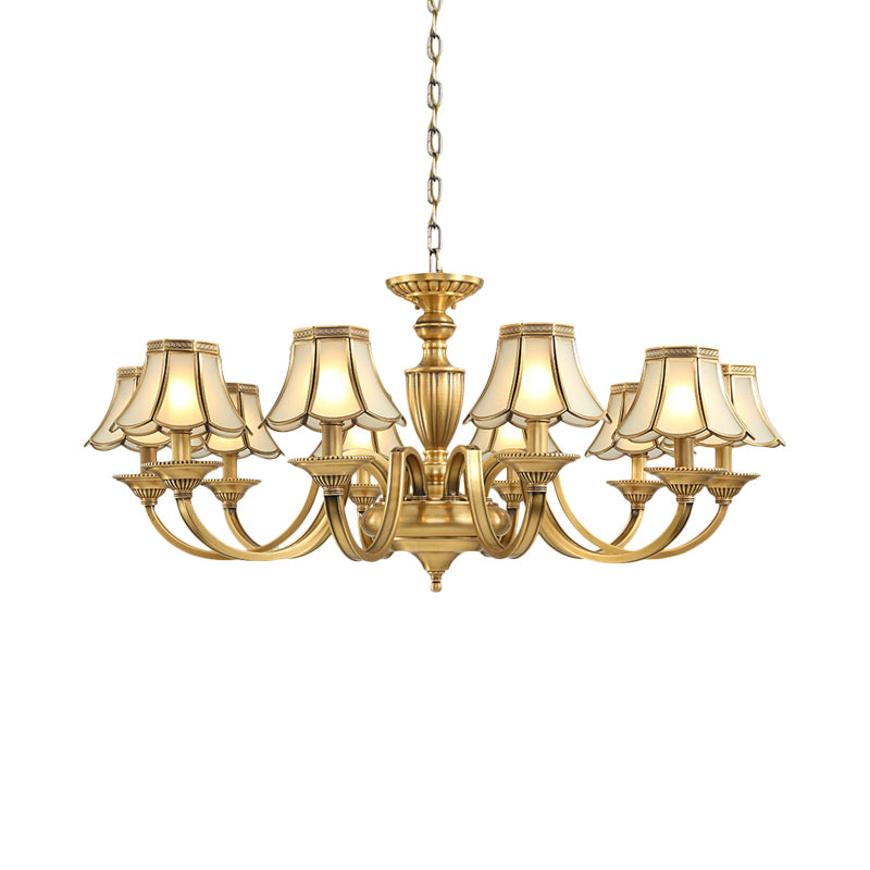 6/8/10 Lights Frosted Glass Panel Chandelier Lighting Colonial Polished Brass Flared Bedroom Pendant Lamp Clearhalo 'Ceiling Lights' 'Chandeliers' 'Glass shade' 'Glass' 'Pendant Lights' Lighting' 1963653