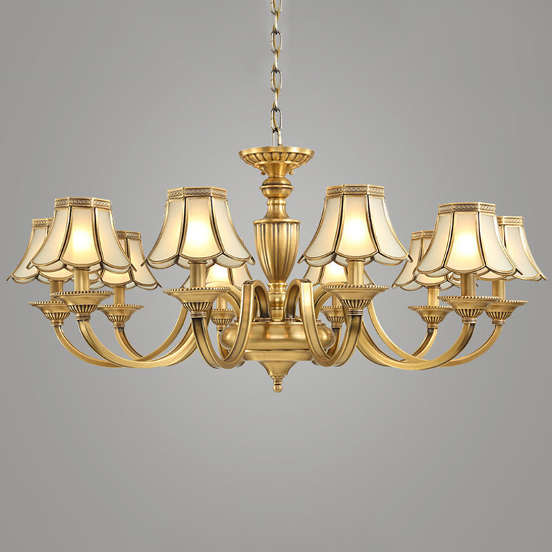 6/8/10 Lights Frosted Glass Panel Chandelier Lighting Colonial Polished Brass Flared Bedroom Pendant Lamp Clearhalo 'Ceiling Lights' 'Chandeliers' 'Glass shade' 'Glass' 'Pendant Lights' Lighting' 1963654