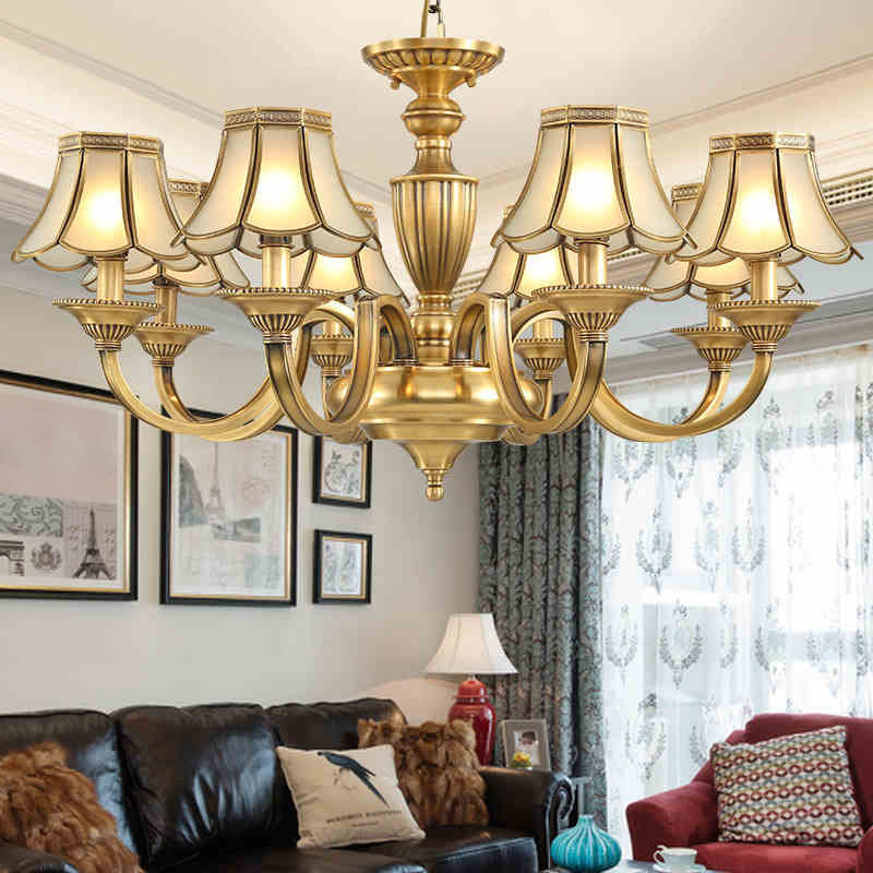 6/8/10 Lights Frosted Glass Panel Chandelier Lighting Colonial Polished Brass Flared Bedroom Pendant Lamp 8 Brass Clearhalo 'Ceiling Lights' 'Chandeliers' 'Glass shade' 'Glass' 'Pendant Lights' Lighting' 1963656