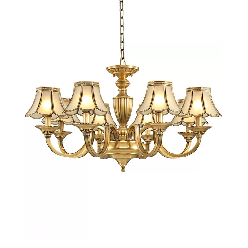 6/8/10 Lights Frosted Glass Panel Chandelier Lighting Colonial Polished Brass Flared Bedroom Pendant Lamp Clearhalo 'Ceiling Lights' 'Chandeliers' 'Glass shade' 'Glass' 'Pendant Lights' Lighting' 1963657