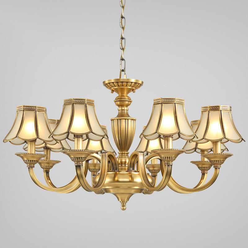6/8/10 Lights Frosted Glass Panel Chandelier Lighting Colonial Polished Brass Flared Bedroom Pendant Lamp Clearhalo 'Ceiling Lights' 'Chandeliers' 'Glass shade' 'Glass' 'Pendant Lights' Lighting' 1963658