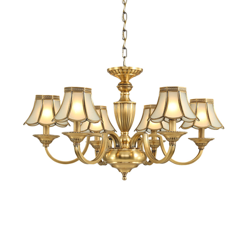 6/8/10 Lights Frosted Glass Panel Chandelier Lighting Colonial Polished Brass Flared Bedroom Pendant Lamp 6 Brass Clearhalo 'Ceiling Lights' 'Chandeliers' 'Glass shade' 'Glass' 'Pendant Lights' Lighting' 1963660