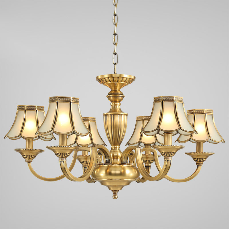 6/8/10 Lights Frosted Glass Panel Chandelier Lighting Colonial Polished Brass Flared Bedroom Pendant Lamp Clearhalo 'Ceiling Lights' 'Chandeliers' 'Glass shade' 'Glass' 'Pendant Lights' Lighting' 1963661