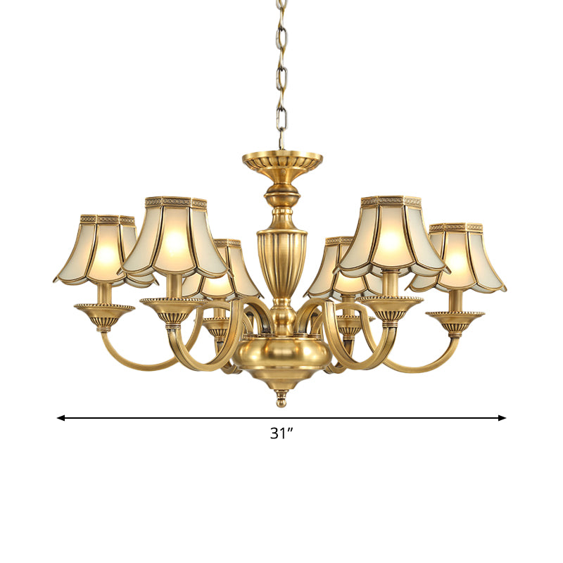 6/8/10 Lights Frosted Glass Panel Chandelier Lighting Colonial Polished Brass Flared Bedroom Pendant Lamp Clearhalo 'Ceiling Lights' 'Chandeliers' 'Glass shade' 'Glass' 'Pendant Lights' Lighting' 1963662