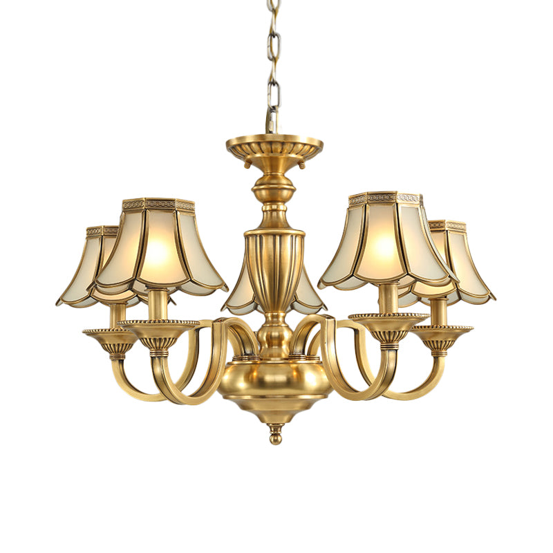 6/8/10 Lights Frosted Glass Panel Chandelier Lighting Colonial Polished Brass Flared Bedroom Pendant Lamp 5 Brass Clearhalo 'Ceiling Lights' 'Chandeliers' 'Glass shade' 'Glass' 'Pendant Lights' Lighting' 1963663