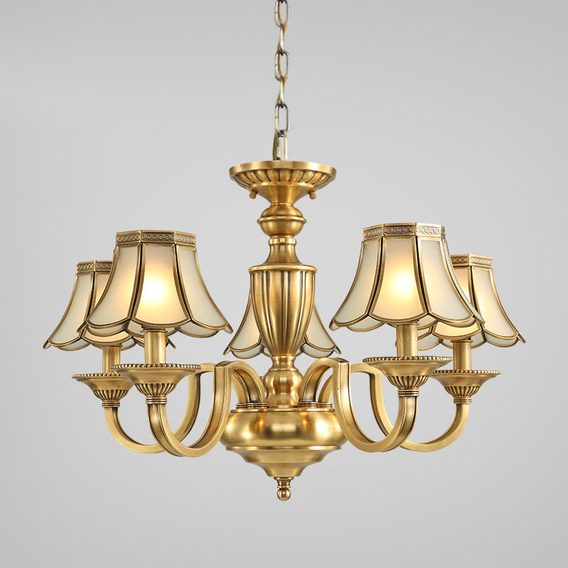 6/8/10 Lights Frosted Glass Panel Chandelier Lighting Colonial Polished Brass Flared Bedroom Pendant Lamp Clearhalo 'Ceiling Lights' 'Chandeliers' 'Glass shade' 'Glass' 'Pendant Lights' Lighting' 1963664