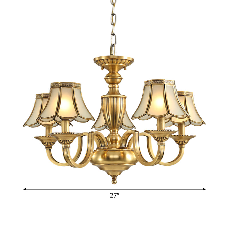 6/8/10 Lights Frosted Glass Panel Chandelier Lighting Colonial Polished Brass Flared Bedroom Pendant Lamp Clearhalo 'Ceiling Lights' 'Chandeliers' 'Glass shade' 'Glass' 'Pendant Lights' Lighting' 1963665