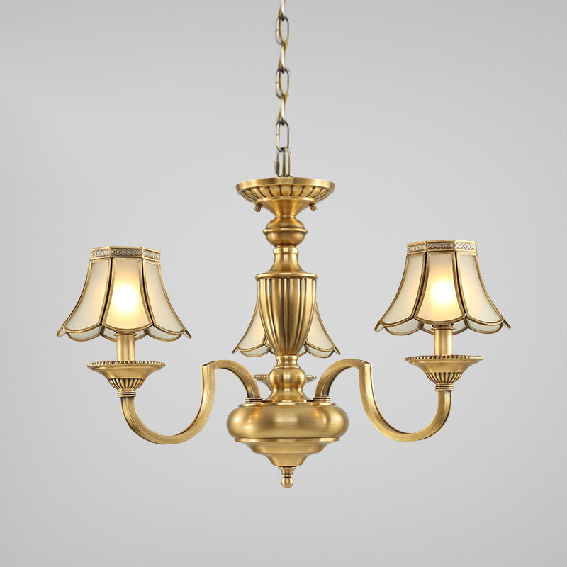 6/8/10 Lights Frosted Glass Panel Chandelier Lighting Colonial Polished Brass Flared Bedroom Pendant Lamp Clearhalo 'Ceiling Lights' 'Chandeliers' 'Glass shade' 'Glass' 'Pendant Lights' Lighting' 1963667