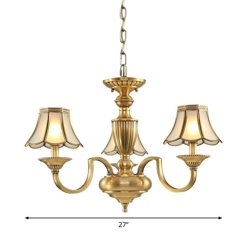 6/8/10 Lights Frosted Glass Panel Chandelier Lighting Colonial Polished Brass Flared Bedroom Pendant Lamp Clearhalo 'Ceiling Lights' 'Chandeliers' 'Glass shade' 'Glass' 'Pendant Lights' Lighting' 1963668