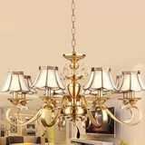 Polished Brass Scalloped Chandelier Lamp Colonial Frosted Glass 8 Lights Living Room Hanging Ceiling Light Brass Clearhalo 'Ceiling Lights' 'Chandeliers' 'Glass shade' 'Glass' 'Pendant Lights' Lighting' 1963692