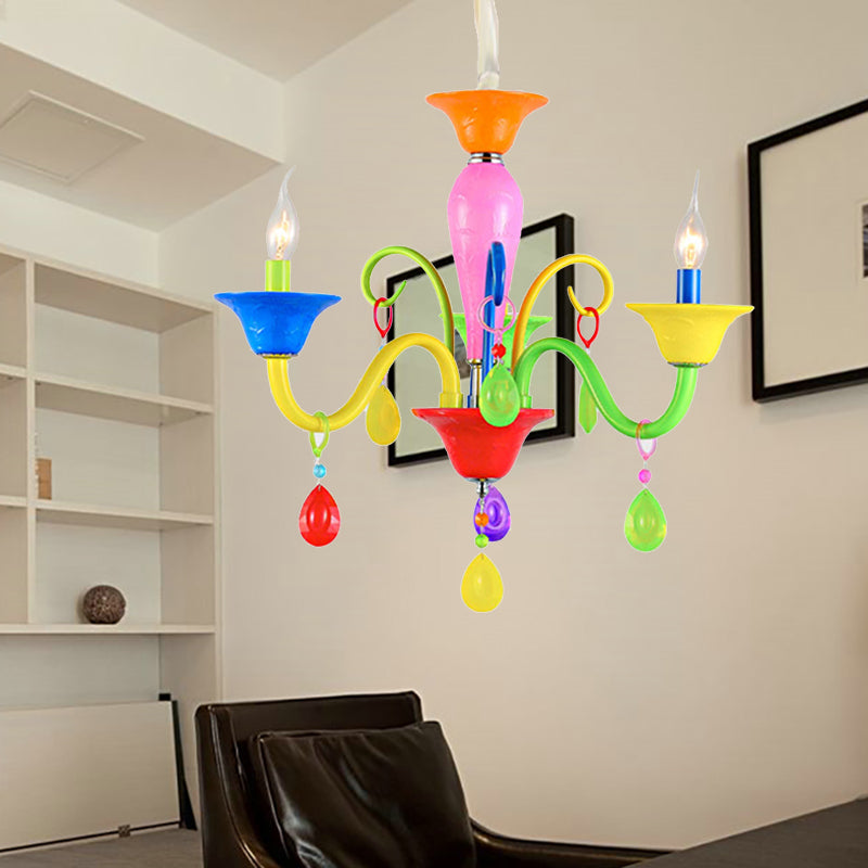 Kids Candle Suspension Light with Teardrop Crystal Metallic Multi-Colored Chandelier for Game Room 3 Pink-Blue-Yellow-Red-Green Clearhalo 'Ceiling Lights' 'Chandeliers' Lighting' options 196369_26b67ad0-ba51-4d1b-a6b4-c86dbad1cdd6