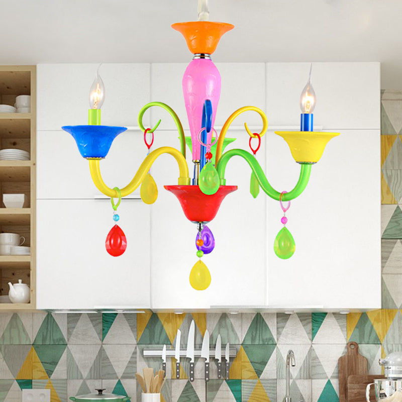 Kids Candle Suspension Light with Teardrop Crystal Metallic Multi-Colored Chandelier for Game Room Clearhalo 'Ceiling Lights' 'Chandeliers' Lighting' options 196370