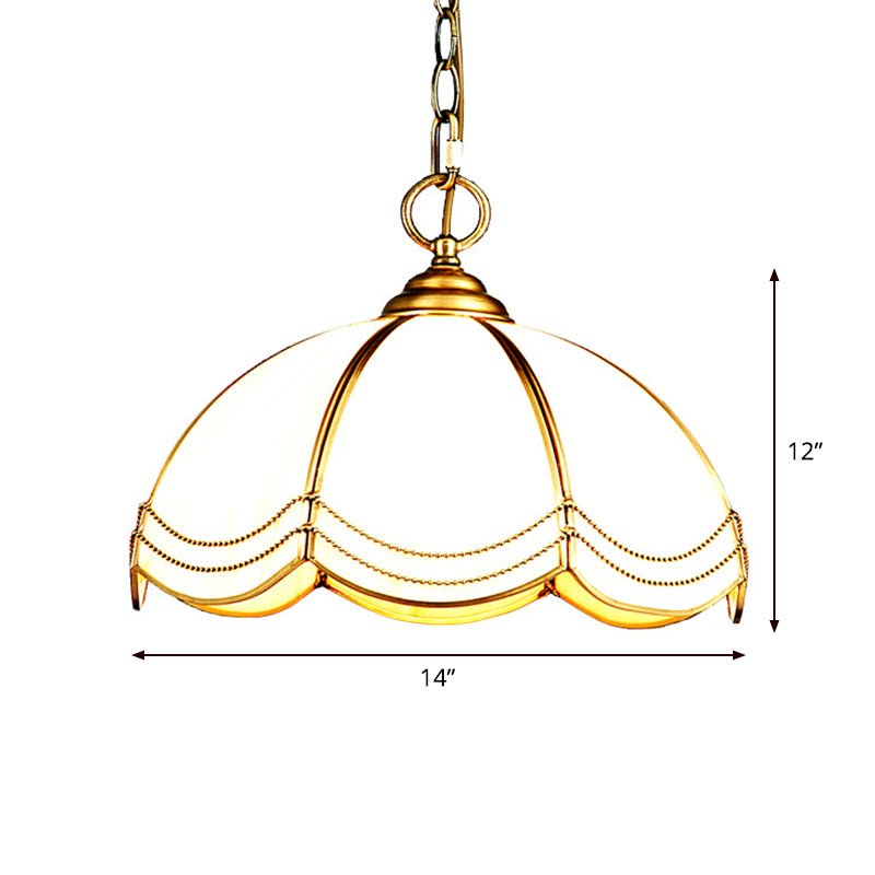 1 Head Textured White Glass Pendant Lamp Traditional Brass Scalloped Bedroom Hanging Ceiling Light Clearhalo 'Ceiling Lights' 'Close To Ceiling Lights' 'Glass shade' 'Glass' 'Pendant Lights' 'Pendants' Lighting' 1963728