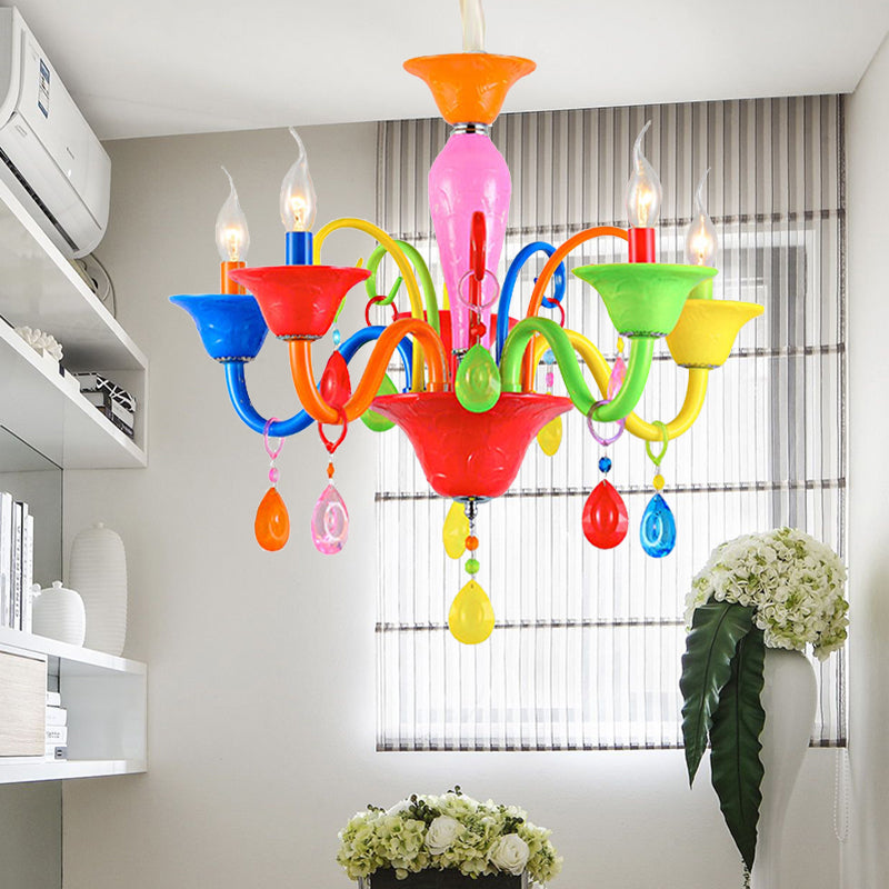 Kids Candle Suspension Light with Teardrop Crystal Metallic Multi-Colored Chandelier for Game Room 5 Pink-Blue-Yellow-Red-Green Clearhalo 'Ceiling Lights' 'Chandeliers' Lighting' options 196373_a0e4fe47-6a15-496e-a325-9f7120c8f83e