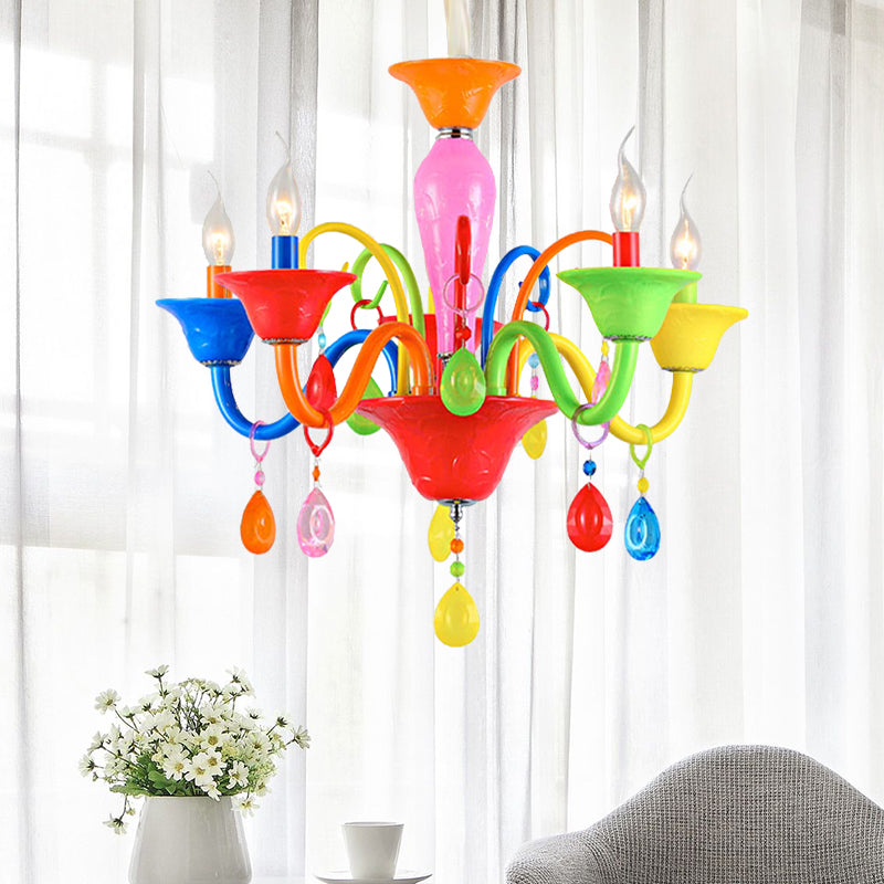 Kids Candle Suspension Light with Teardrop Crystal Metallic Multi-Colored Chandelier for Game Room Clearhalo 'Ceiling Lights' 'Chandeliers' Lighting' options 196374