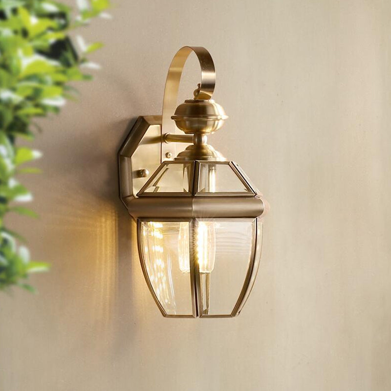 1-Light Tapered Wall Sconce Light Vintage Antique Brass Transparent Glass Wall Lamp for Outdoor Brass A Clearhalo 'Wall Lamps & Sconces' 'Wall Lights' Lighting' 1963748