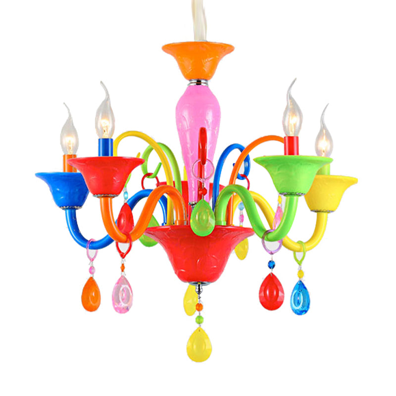 Kids Candle Suspension Light with Teardrop Crystal Metallic Multi-Colored Chandelier for Game Room Clearhalo 'Ceiling Lights' 'Chandeliers' Lighting' options 196375