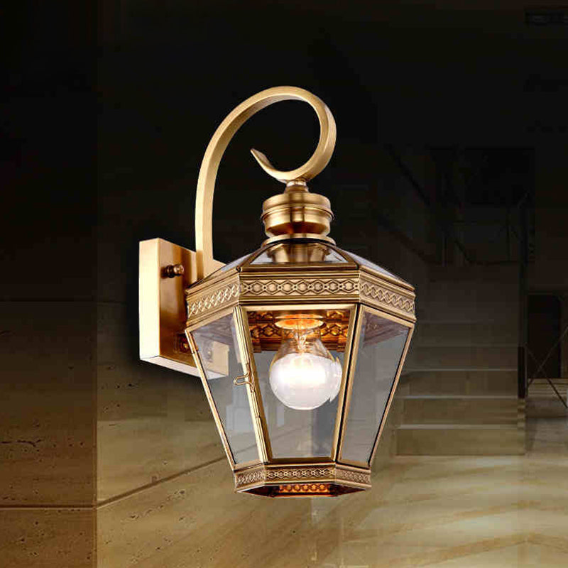 1-Light Wall Lighting Minimalist Outdoor Wall Light Sconce with Lantern Clear Glass Shade in Brass Brass Clearhalo 'Wall Lamps & Sconces' 'Wall Lights' Lighting' 1963755