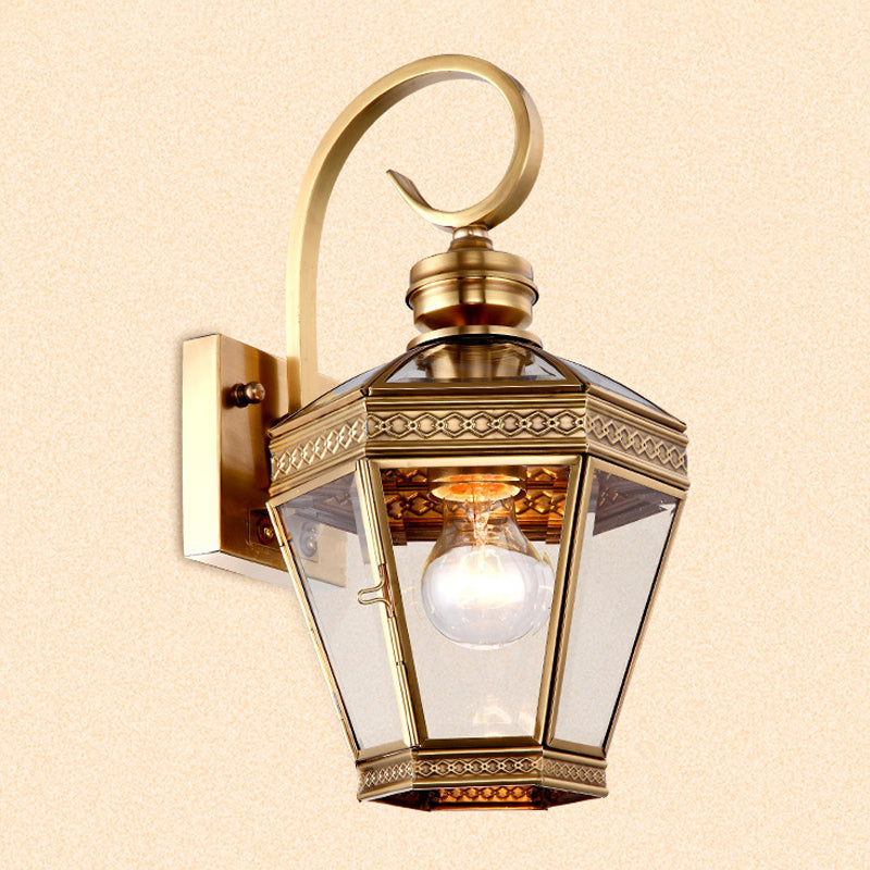 1-Light Wall Lighting Minimalist Outdoor Wall Light Sconce with Lantern Clear Glass Shade in Brass Clearhalo 'Wall Lamps & Sconces' 'Wall Lights' Lighting' 1963757