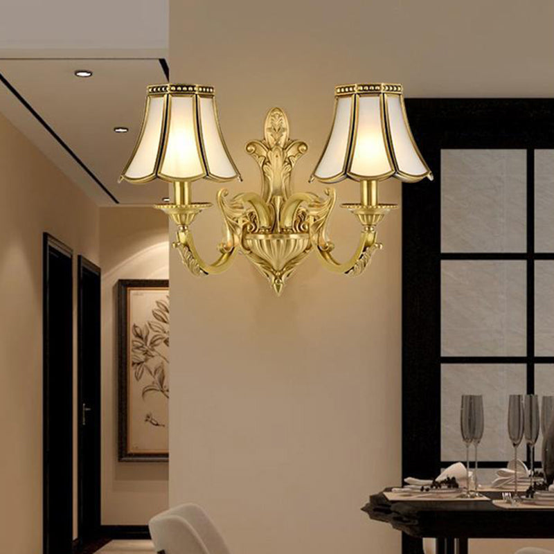 1/2 Light Flared/Bell Wall Mounted Light Traditional Polished Brass Frosted Glass Wall Sconce Lamp 2.0 Brass A Clearhalo 'Wall Lamps & Sconces' 'Wall Lights' Lighting' 1963759