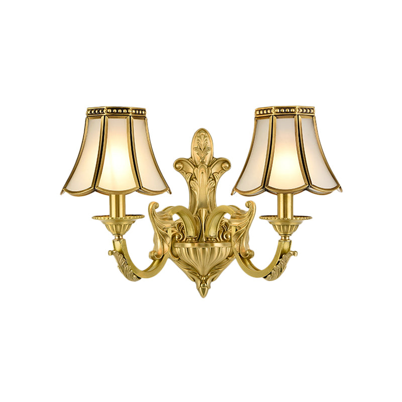 1/2 Light Flared/Bell Wall Mounted Light Traditional Polished Brass Frosted Glass Wall Sconce Lamp Clearhalo 'Wall Lamps & Sconces' 'Wall Lights' Lighting' 1963760