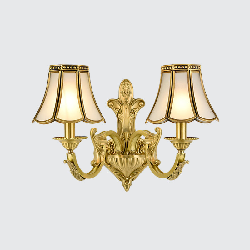 1/2 Light Flared/Bell Wall Mounted Light Traditional Polished Brass Frosted Glass Wall Sconce Lamp Clearhalo 'Wall Lamps & Sconces' 'Wall Lights' Lighting' 1963761