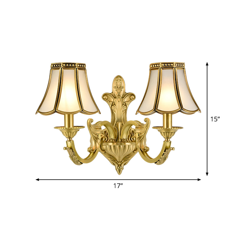 1/2 Light Flared/Bell Wall Mounted Light Traditional Polished Brass Frosted Glass Wall Sconce Lamp Clearhalo 'Wall Lamps & Sconces' 'Wall Lights' Lighting' 1963762