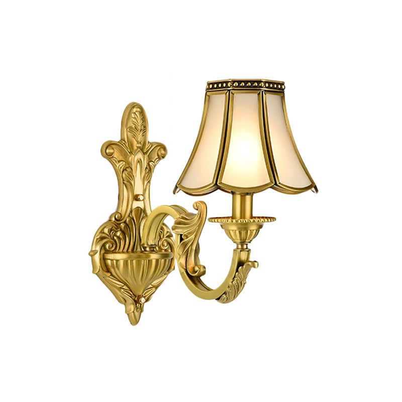 1/2 Light Flared/Bell Wall Mounted Light Traditional Polished Brass Frosted Glass Wall Sconce Lamp 1.0 Brass A Clearhalo 'Wall Lamps & Sconces' 'Wall Lights' Lighting' 1963763