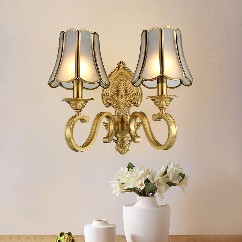 1/2 Light Flared/Bell Wall Mounted Light Traditional Polished Brass Frosted Glass Wall Sconce Lamp 2.0 Brass B Clearhalo 'Wall Lamps & Sconces' 'Wall Lights' Lighting' 1963766