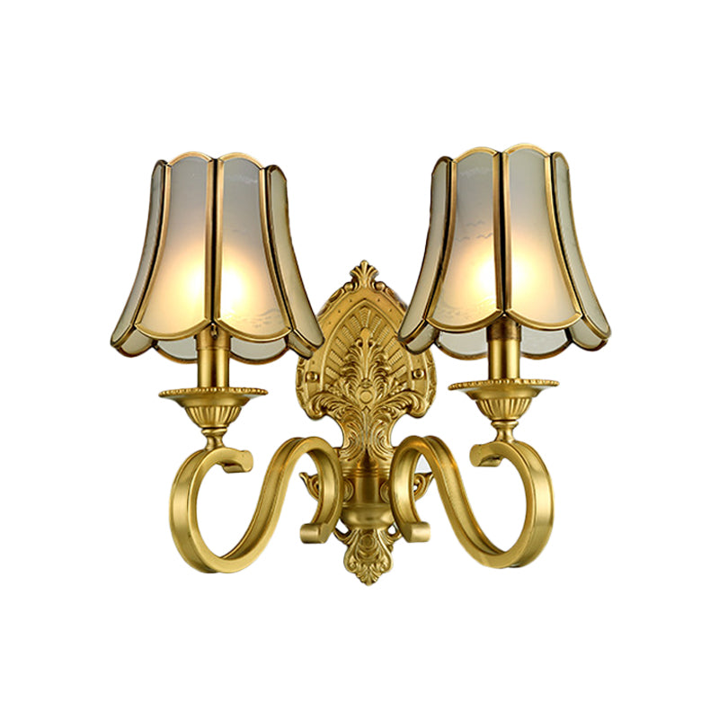 1/2 Light Flared/Bell Wall Mounted Light Traditional Polished Brass Frosted Glass Wall Sconce Lamp Clearhalo 'Wall Lamps & Sconces' 'Wall Lights' Lighting' 1963767