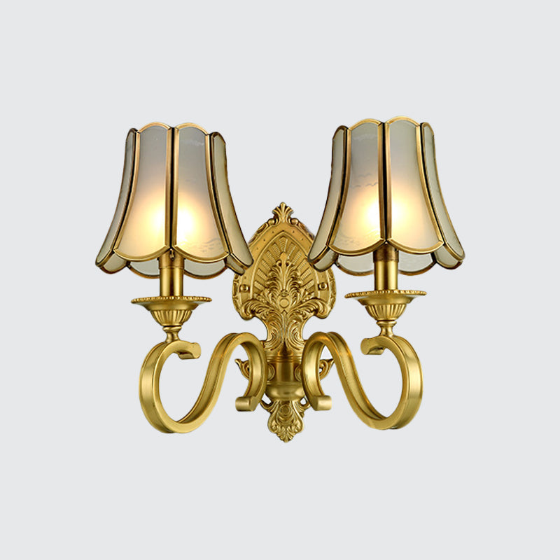 1/2 Light Flared/Bell Wall Mounted Light Traditional Polished Brass Frosted Glass Wall Sconce Lamp Clearhalo 'Wall Lamps & Sconces' 'Wall Lights' Lighting' 1963768