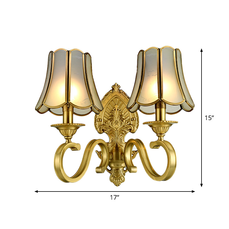 1/2 Light Flared/Bell Wall Mounted Light Traditional Polished Brass Frosted Glass Wall Sconce Lamp Clearhalo 'Wall Lamps & Sconces' 'Wall Lights' Lighting' 1963769