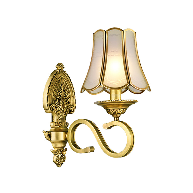 1/2 Light Flared/Bell Wall Mounted Light Traditional Polished Brass Frosted Glass Wall Sconce Lamp 1.0 Brass B Clearhalo 'Wall Lamps & Sconces' 'Wall Lights' Lighting' 1963770