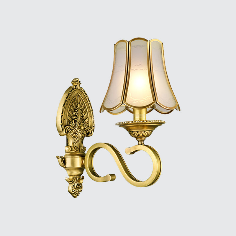 1/2 Light Flared/Bell Wall Mounted Light Traditional Polished Brass Frosted Glass Wall Sconce Lamp Clearhalo 'Wall Lamps & Sconces' 'Wall Lights' Lighting' 1963771