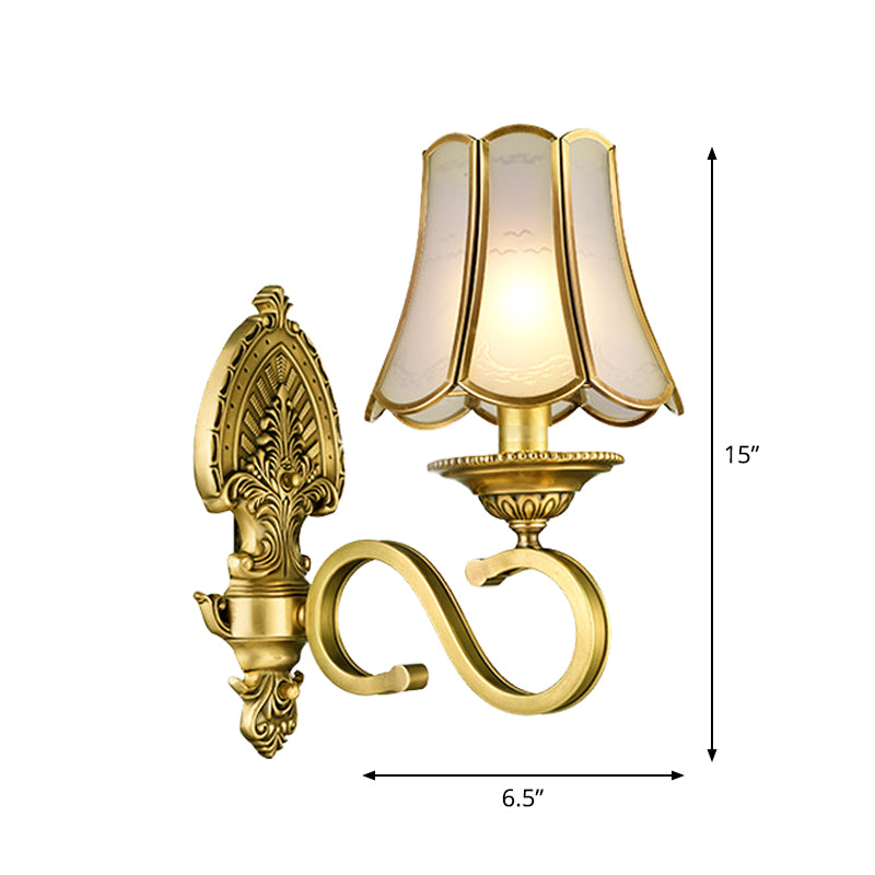 1/2 Light Flared/Bell Wall Mounted Light Traditional Polished Brass Frosted Glass Wall Sconce Lamp Clearhalo 'Wall Lamps & Sconces' 'Wall Lights' Lighting' 1963772