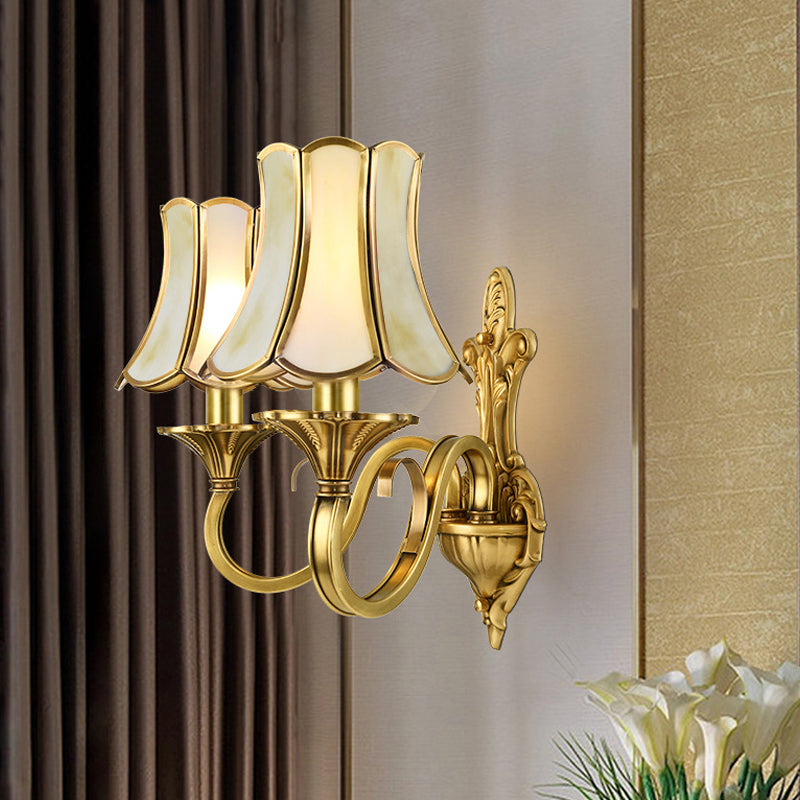 1/2 Light Flared/Bell Wall Mounted Light Traditional Polished Brass Frosted Glass Wall Sconce Lamp 2.0 Brass C Clearhalo 'Wall Lamps & Sconces' 'Wall Lights' Lighting' 1963773