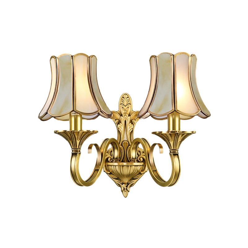 1/2 Light Flared/Bell Wall Mounted Light Traditional Polished Brass Frosted Glass Wall Sconce Lamp Clearhalo 'Wall Lamps & Sconces' 'Wall Lights' Lighting' 1963774